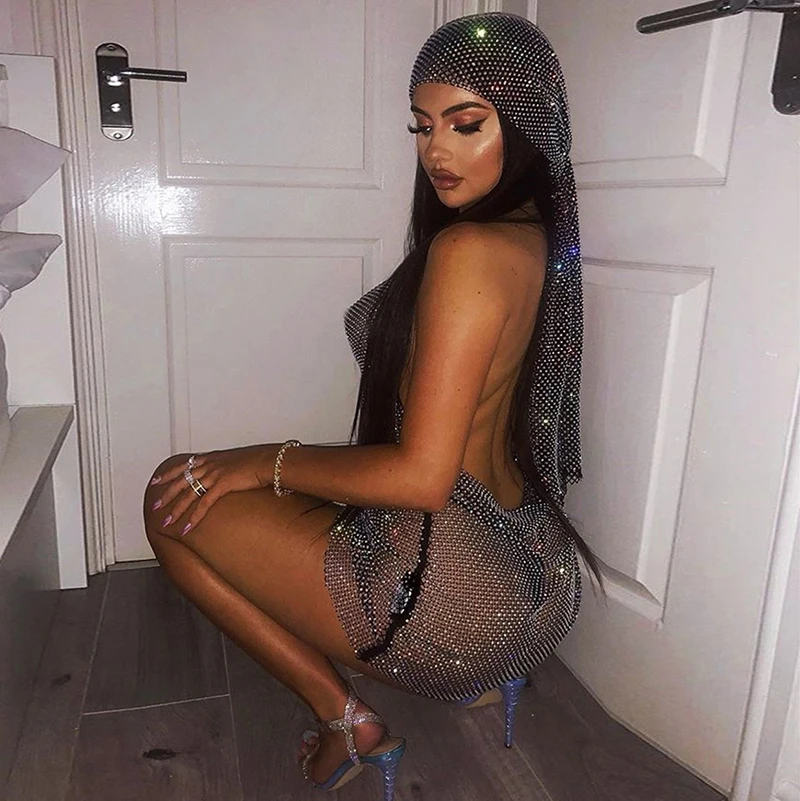 

Black Shiny Crystal Rhinestones Split Dress 2022 Deep V Neck Sexy Backless Sleeveless Women Bodycon Clubwear Chic Mini Dresses