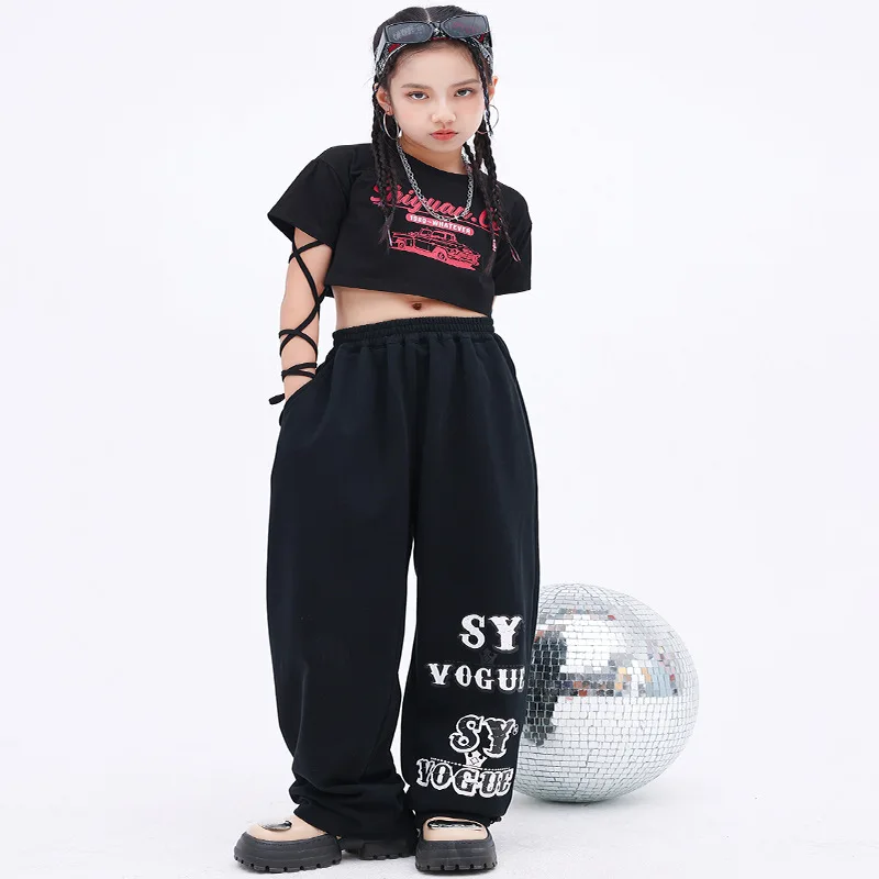 

Summer Kids Kpop Outfits Hip Hop Clothing Black Crop Top T-shirt Jogger Loose Pants Girls Jazz Dance Costume Stage Costume 4-16Y