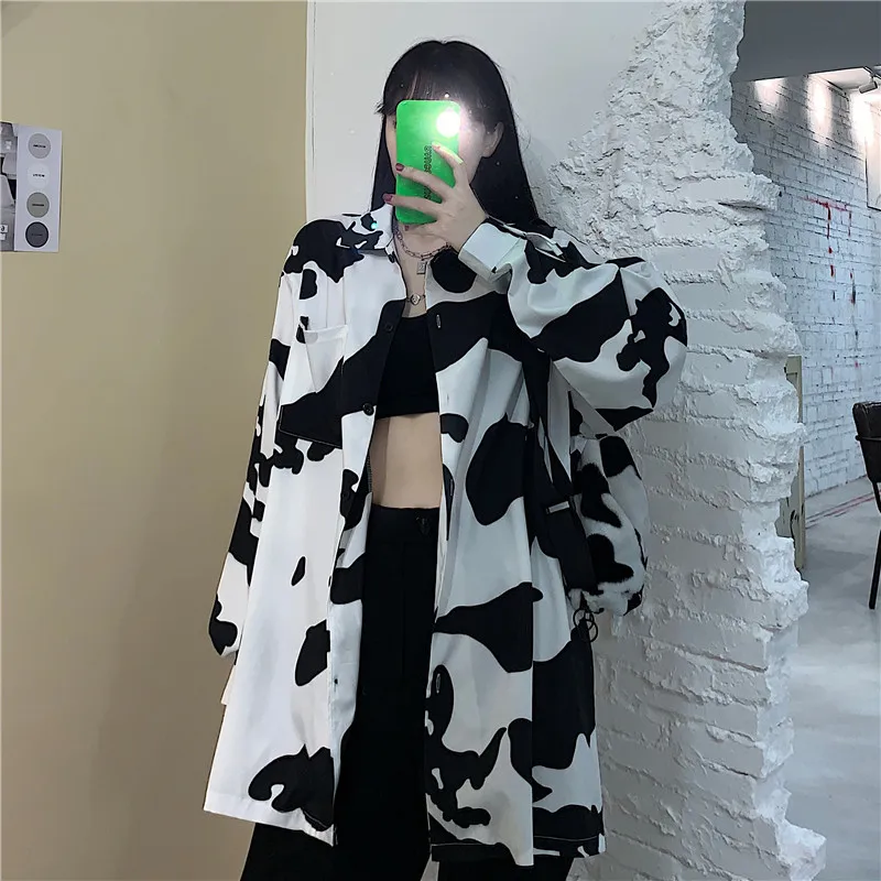 Deeptown Cow Print Women Blouses Korean Style Fashion Spring 2022 Button Up Shirt Loose Long Sleeve Women Shirt Leisure Tops New