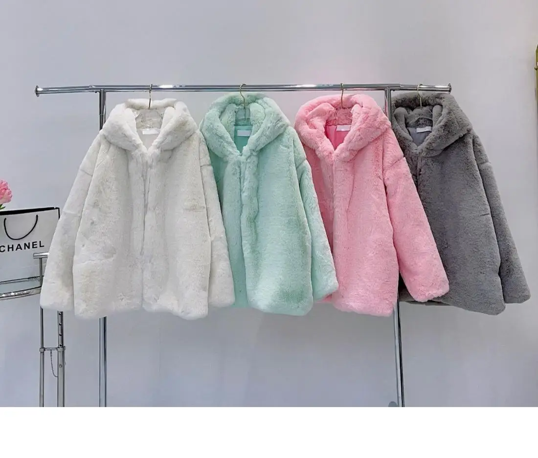 Женская зимняя толстовка с капюшоном из искусственного кроличьего меха