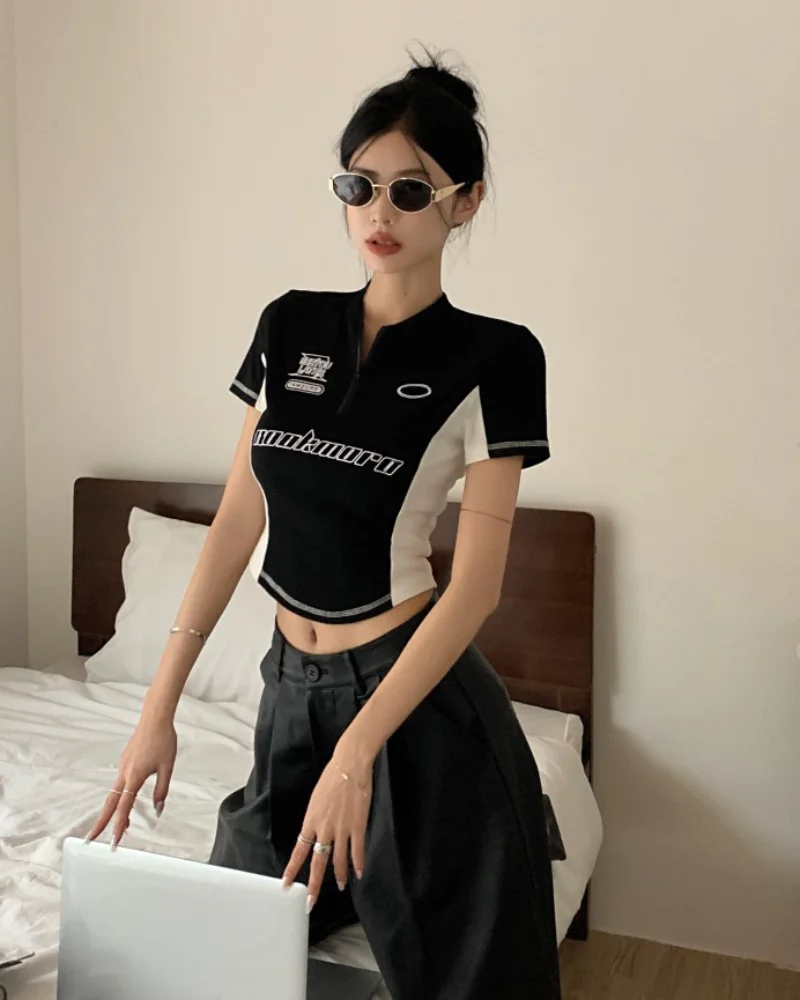 

American Techwear Patchwork Contrast Color Embroidery Women Letter Sexy High Waist Tshirts Street Y2k Crop Tops Tees Slim