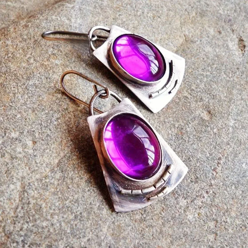 

Women Earring Fashion Vintage Oval Purple Stone Drop Earring Creativity Geometry Silver Color Dangle Earrings Jewelry Wholesale