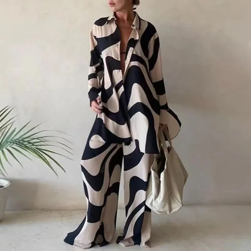 Fashionable Printed Loose-Fit Long Sleeve Suit Jacket+Straight-Leg Trousers Women's Autumn/Winter 2022 Cross-Border Foreign Trad