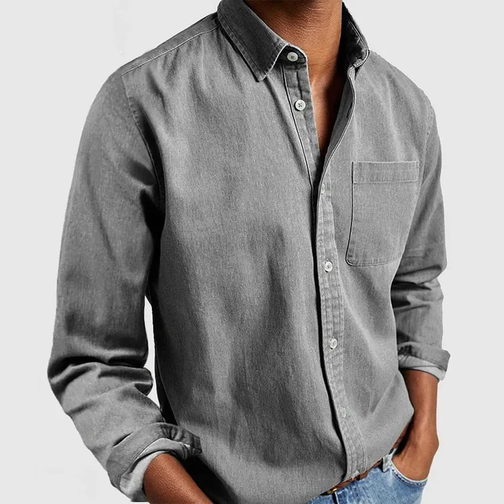 Casual Turn Down Collar Men Button Pocket Loose Blouse 