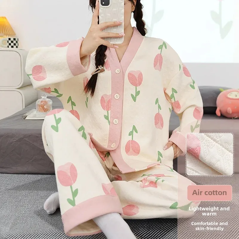 Women's Autumn Winter Thickened Cotton Long Sleeve Air Layer Cardigan Kimono Outerwear Homewear V-Neck Pajama Set