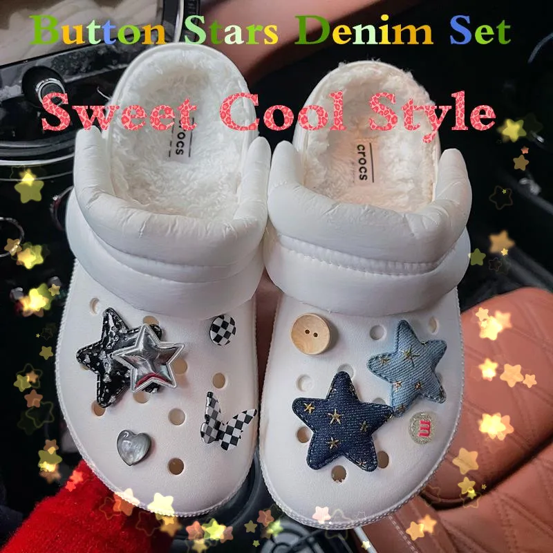 

Sweet Cool Style Button Stars Denim Set Beautiful Croc Charms Designer Ins Hot Clogs Buckle Trendy Lovely Kids Boys Girls Gifts