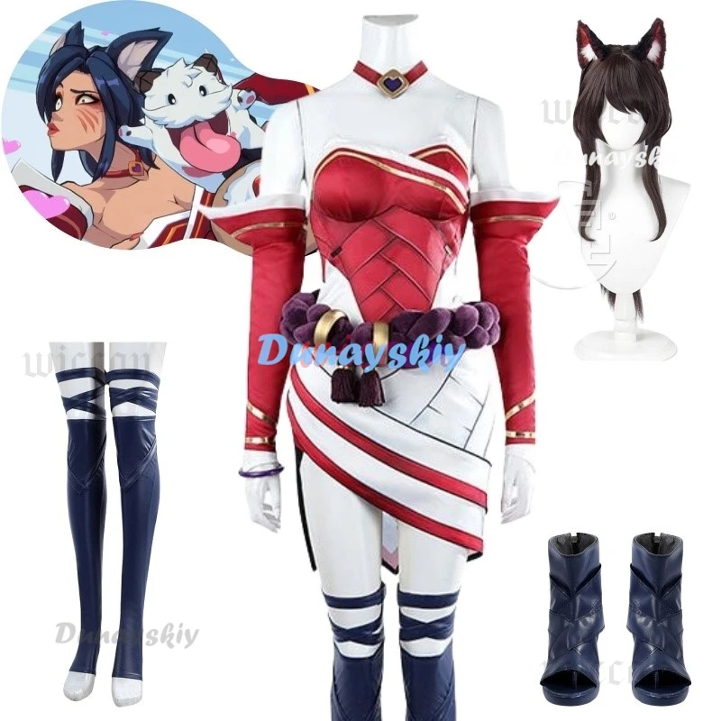 Игра LOL 2XKO Ари Косплей Костюм Красное Платье Головные Уборы Наряд Хэллоуин