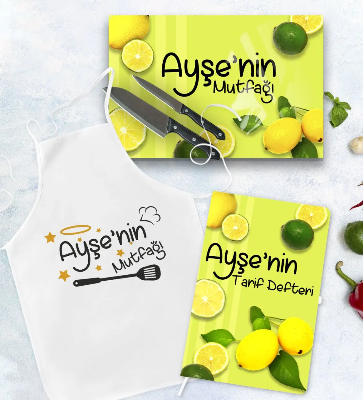 

Персонализированный кухонный фартук, книга рецептов и стеклянный стол для резки, подарочный набор, модель 6