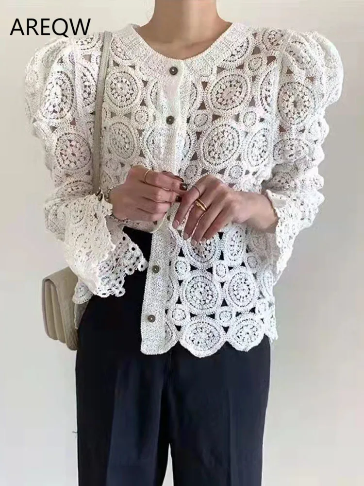 

Korean Fashion Lace Knit Blouses Hollow Out Sweet Crochet Shirts Ladies White Elegant Puff Long Sleeve Women Tops Female 19656
