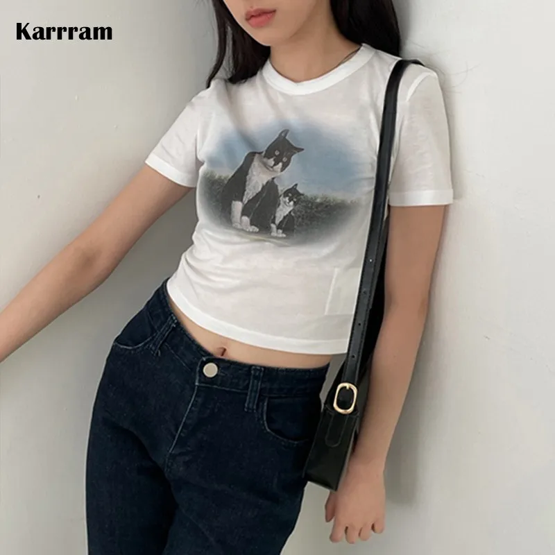 

Karrram Summer Korean Fashion Crop Tops Kawaii Fairycore Y2k Top Kpop Designer Clothes Cat Print Short Sleeve T-shirt Streetwear