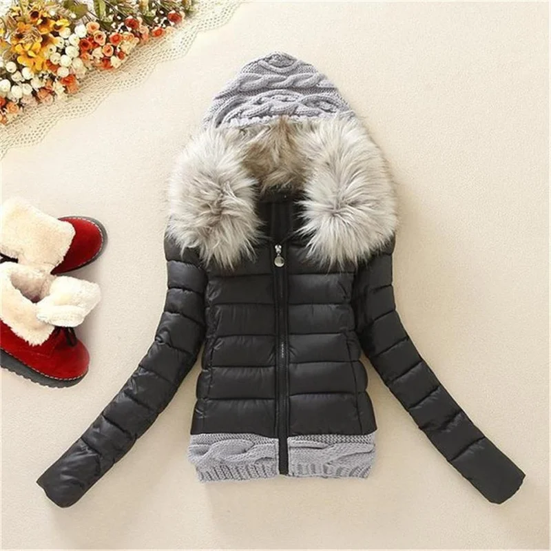 Women Alternative Thickening Down Jacket with Fur Collar Quality Jackets Winter Knitted Patchwork Long Sleeve Overcoat Hooded