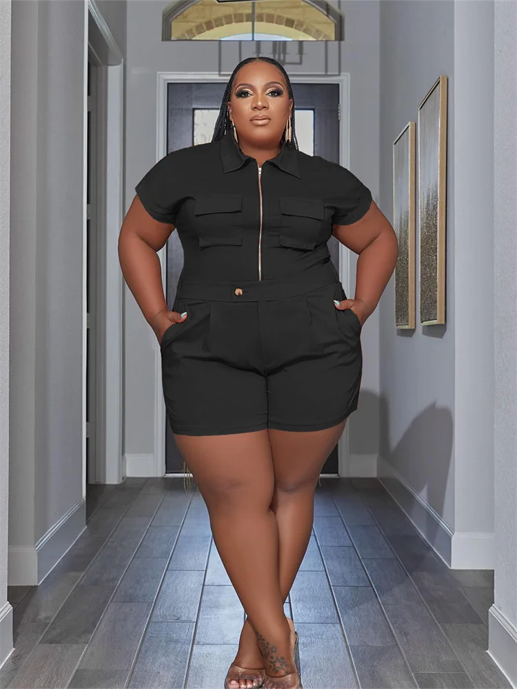 Plus Size 2 Piece Set Women Solid Zipper Tops and Shorts Pants Pockets Leggings Fashion Matching 3xl 4xl 5xl 6xl