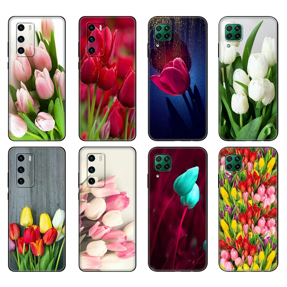 

Черный чехол из ТПУ для Huawei P30 Lite P30 Pro P40, чехол для Huawei P40 LITE E P Smart 2020, чехол с цветком тюльпана