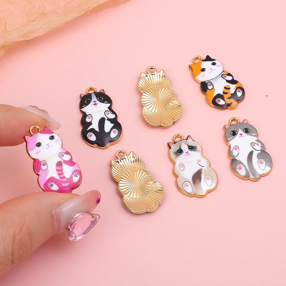 10pcs Fashion Gold Color Metal Alloy Kawaii Enamel Cat Animal Charms Pendant Fit Jewelry Making DIY Necklace Jewelry Finding