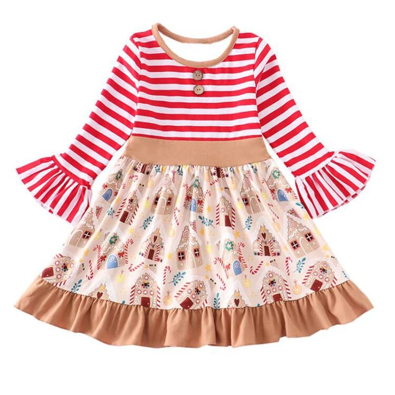 New Arrival Girls Fashion Crew Neck Stripe Ruffle Long Sleeves Printing Dresses Kids Skirt