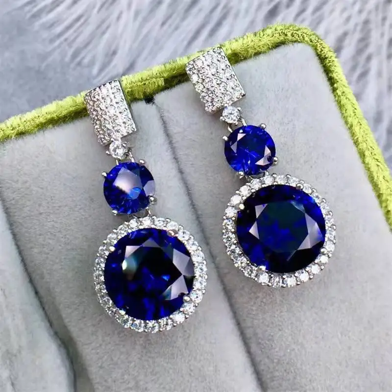 

New A Pair Trendy Blue Sapphire Earrings 925 Sterling Silver Jewelry Set for Wedding Drop Earring Necklace Pendant Women Gifts