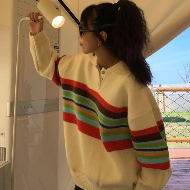 

Autumn Polo neck pullover sweater female minority design retro versatile sweater top women long sleeve sweaters