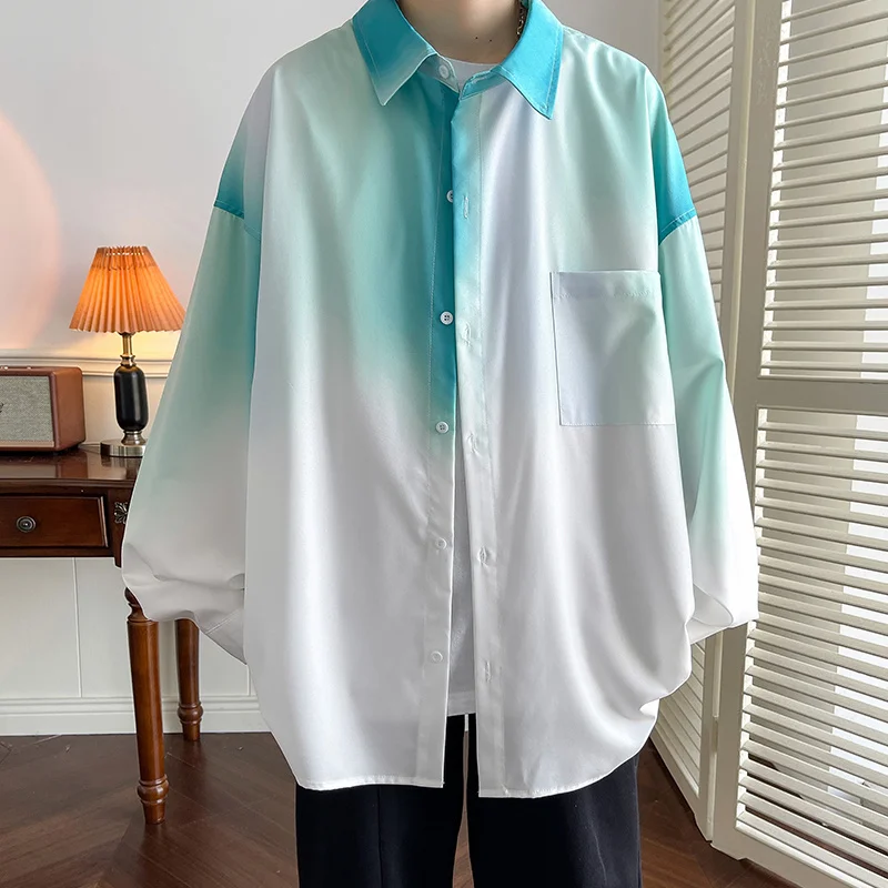 

Рубашка мужская с длинным рукавом, Повседневная джинсовая сорочка с градиентным дизайном, голубая белая, стильная простота, на осень