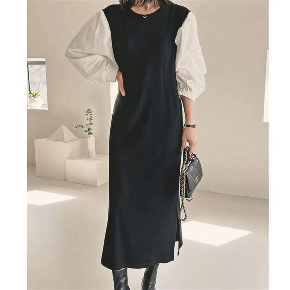

Women's Dress Japan Korean Casual Loose Temperament Crew Neck Panel Long Sleeve Split Sweatshirt A-Line Skirt Autumn Spring 2022