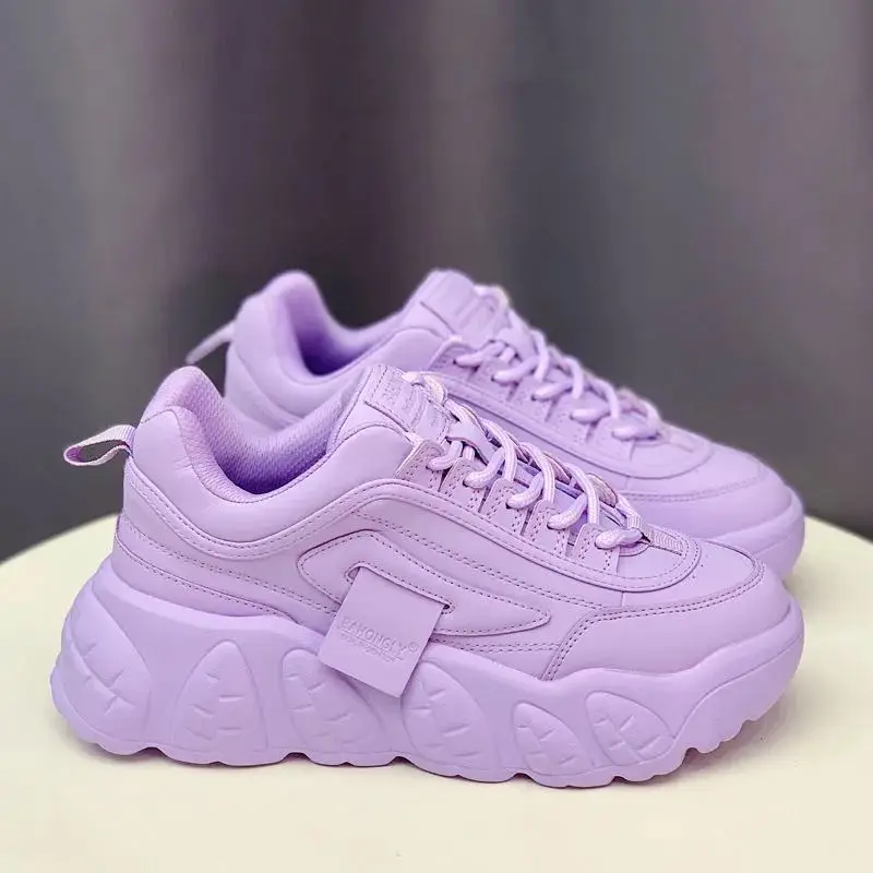 

women Thick Sole New Spring Leather Korean Platform Chunky Sneakers 2022 Casual Vulcanize Sports Shoes Purple Footwear