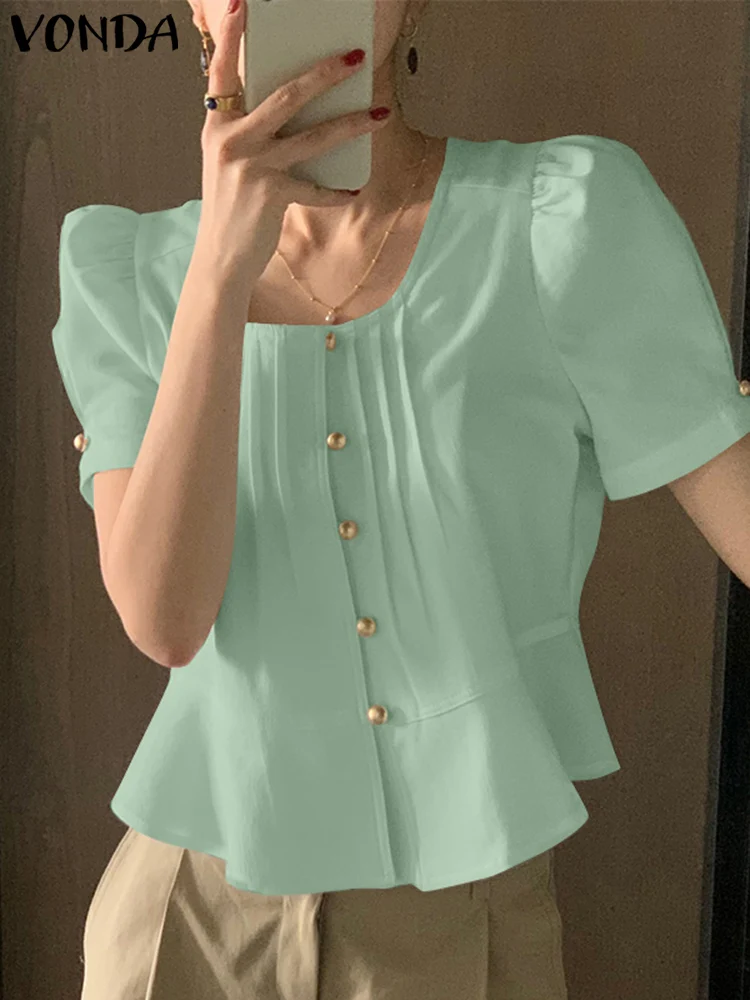 

Women Blouses 2023 Fashion Short Sleeve Shirts VONDA Sexy Puff Sleeve Tops Female Casual Solid Color Tunic Elegant Blusas Baggy