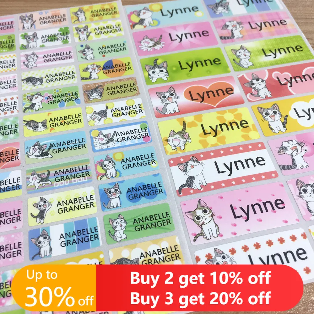 46x2 0 мм/28x13 мм, мультяшный рисунок кошки для девочек, индивидуальные именные наклейки, личные Детские этикетки для скрапбукинга, школьные канцелярские принадлежности