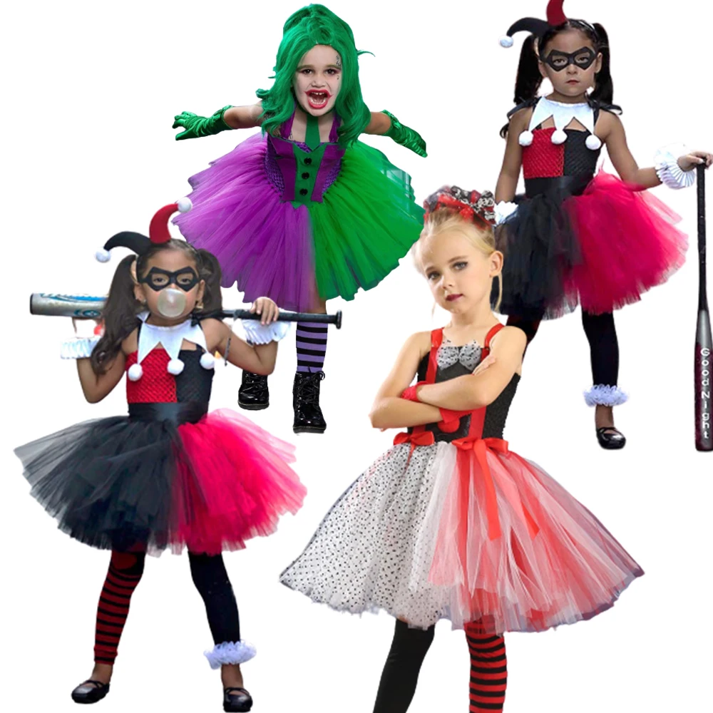 

Halloween Cosplay Dress Joker Harley The Clown Returns Girls Ball Gown Carnival Easter Party Costume For Kids Dress Up Girl Sets