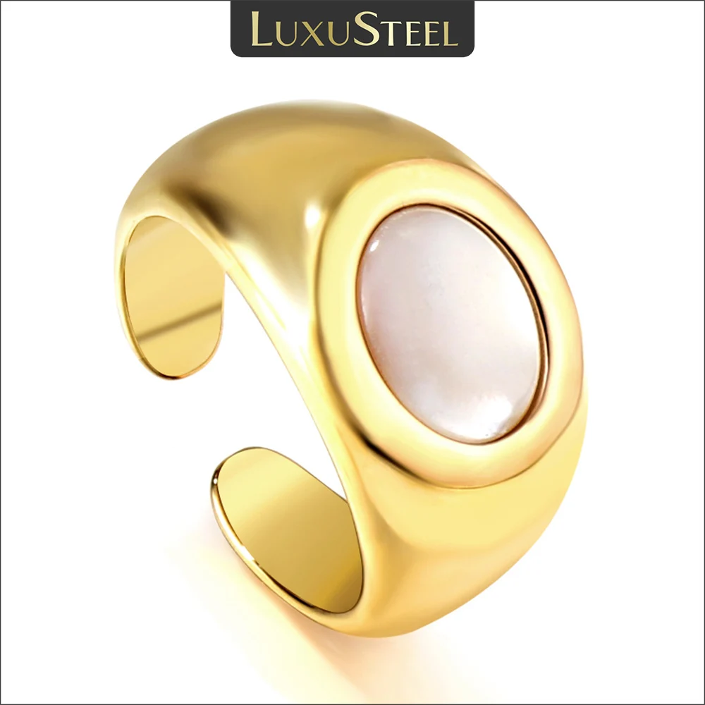 

LUXUSTEEL Stainless Steel Statement Rings For Women Gilrs Gold Plated White Shell Open Signet Finger Ring Elegant Jewelry