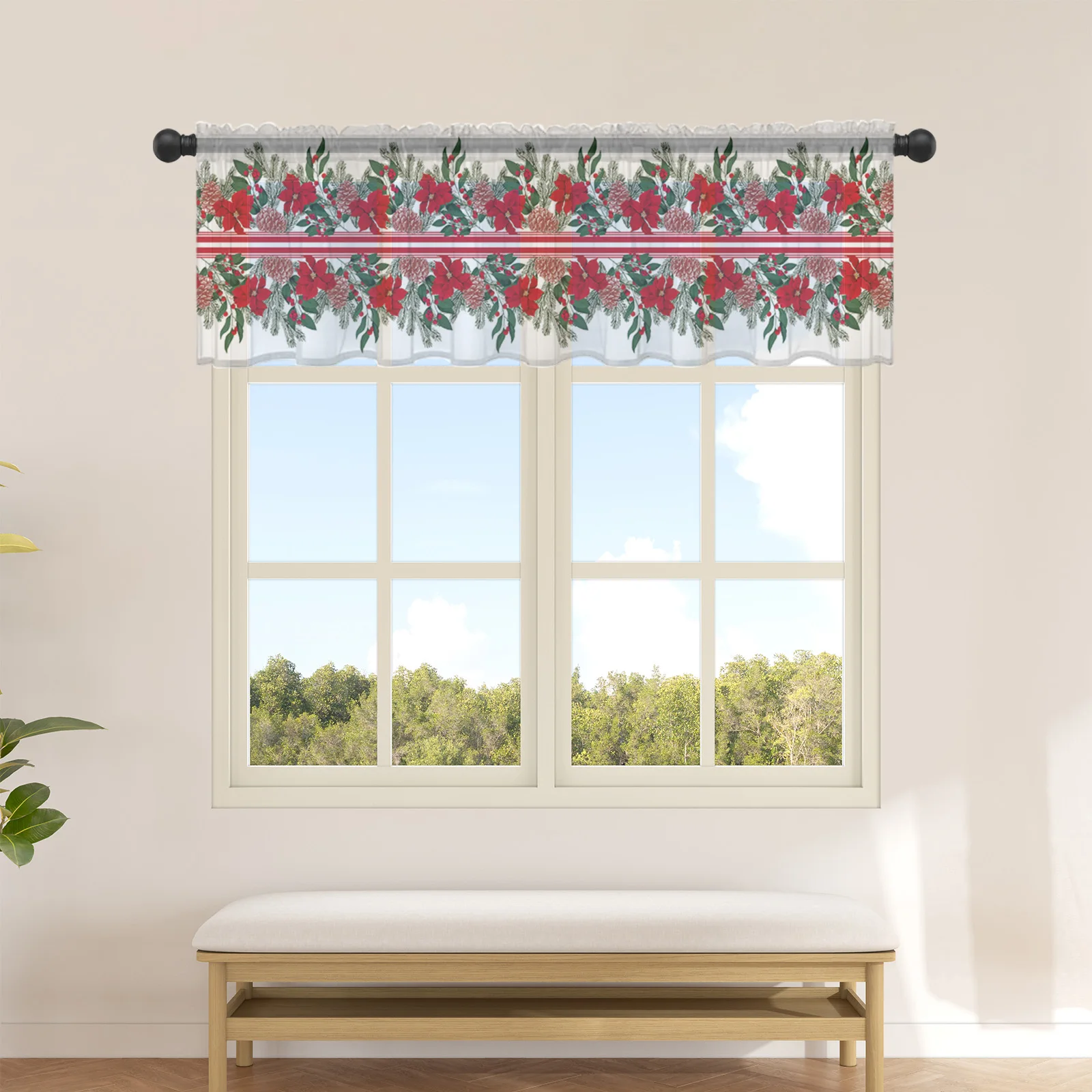 

Christmas Poinsettia Pine Needles Short Tulle Curtains for Kitchen Cafe Sheer Voile Half-Curtain for Bedroom Doorway