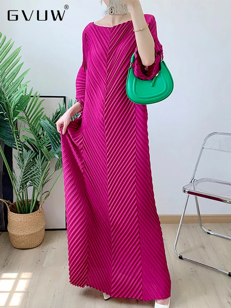 

GVUW Elegant Pleated Mid-length Dress For Women 2023 Autumn New Solid Color Loose Relaxed Party Evening Dresses Female 17G2078