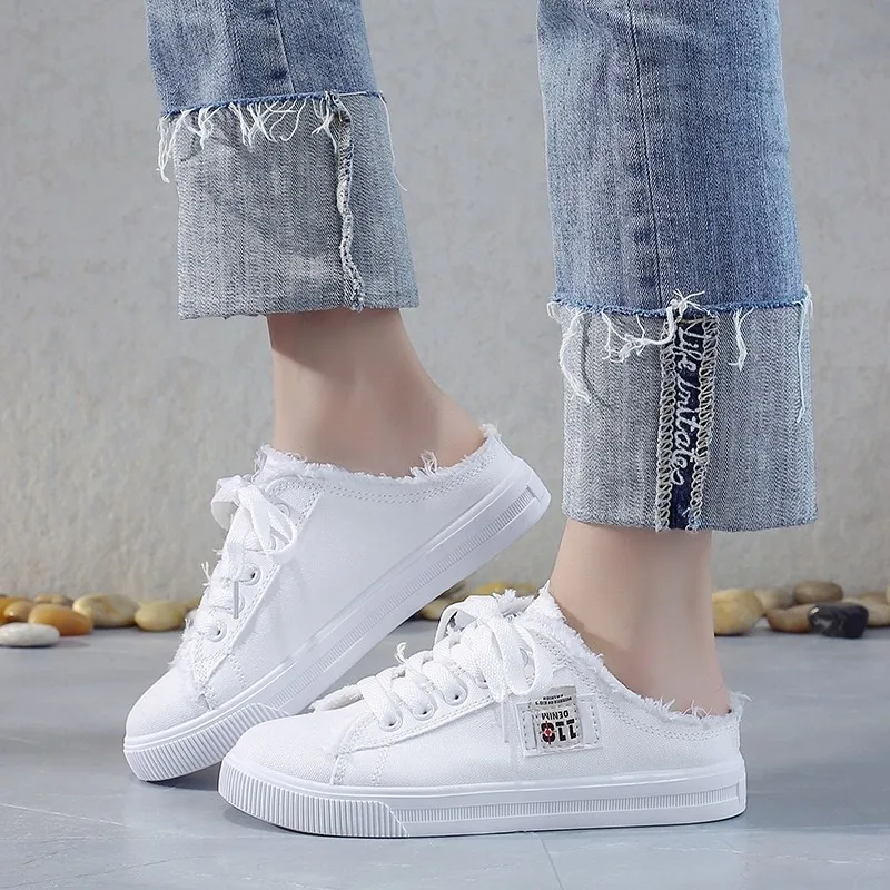 New 2023 Spring Summer Canvas Shoes Women Flat Sneakers Women Casual Shoes Low Upper Lace Up White Strappy Shoes Loafers