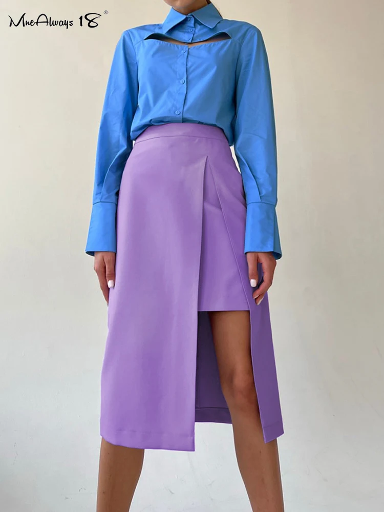 

Mnealways18 Elegant Patchwork Fashion Skirt 2022 Purple Chic Women High Waist Midi Skirts Slit Office Ladies Asymmetrical Skirt