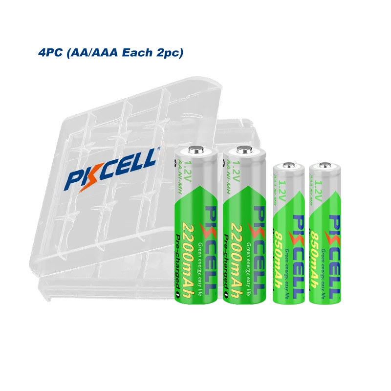 PKCELL 2PC AAA 850MAH Batteries and 2PC AA Battery 2200MAH 1.2V NIMH  LSD Rechargeable Batteries and AA/AAA Battery BOX holder