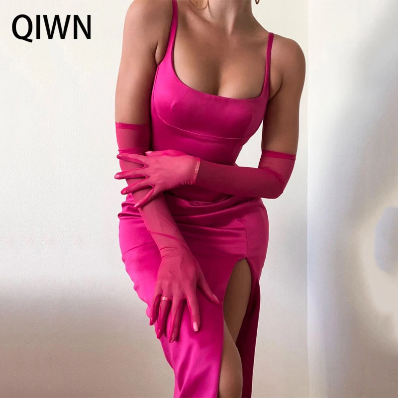 Женское атласное вечернее платье QIWN Осеннее облегающее с высоким разрезом и