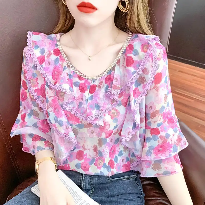 

Blouse female 2022 New women's fashion INS trendy short sleeve top loose printed blossoms, chiffon shirt female summer tops