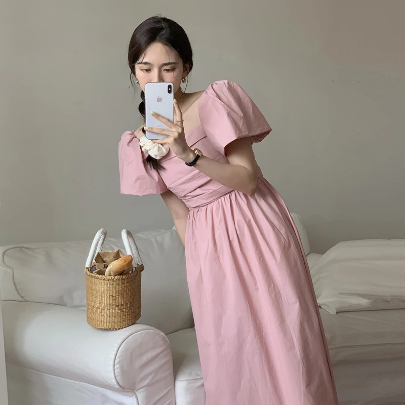 

Square neck dress women's summer 2022 new French retro cool mid length waist slim short sleeved skirt