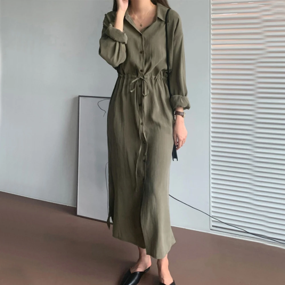 

Retro Fashion Women Dress Single-breasted Long Sleeve Solid Color Drawstring Lapel Patchwork Spring Straight Dress For Ladies
