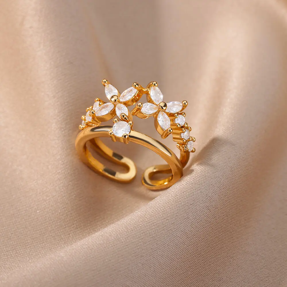 

Trend Zircon Butterfly Open Rings For Women Girl Stainless Steel Flower Double Layer Adjustable Ring Wedding Jewelry Friend Gift