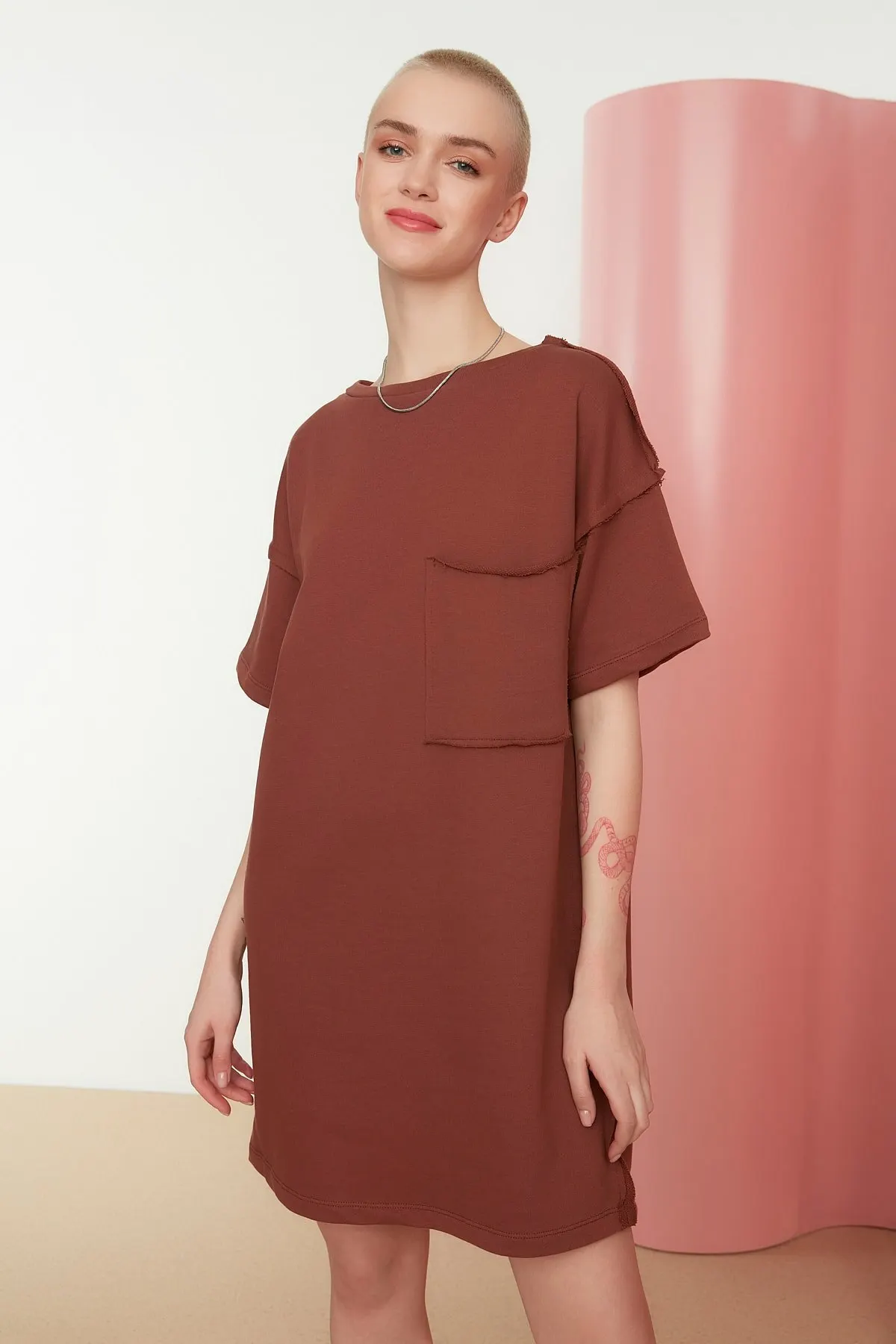 

Women's Dress Brown Pocket Slim Knitted Sweat Elegant Fashion Casual Casual Casual Short Sleeve Summer Boho Beach Dress