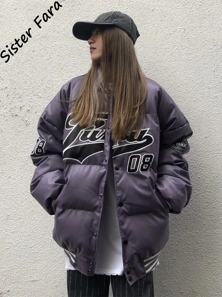 Sister Fara Pu Leather Embroidery Winter Parka Women Casual Single Breasted Cotton Padded Jacket Loose Fashion Harajuku BF Coat