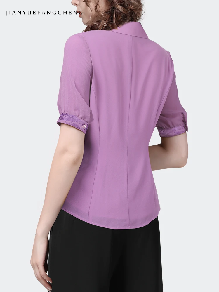 Женская шифоновая блузка с коротким рукавом и отложным воротником