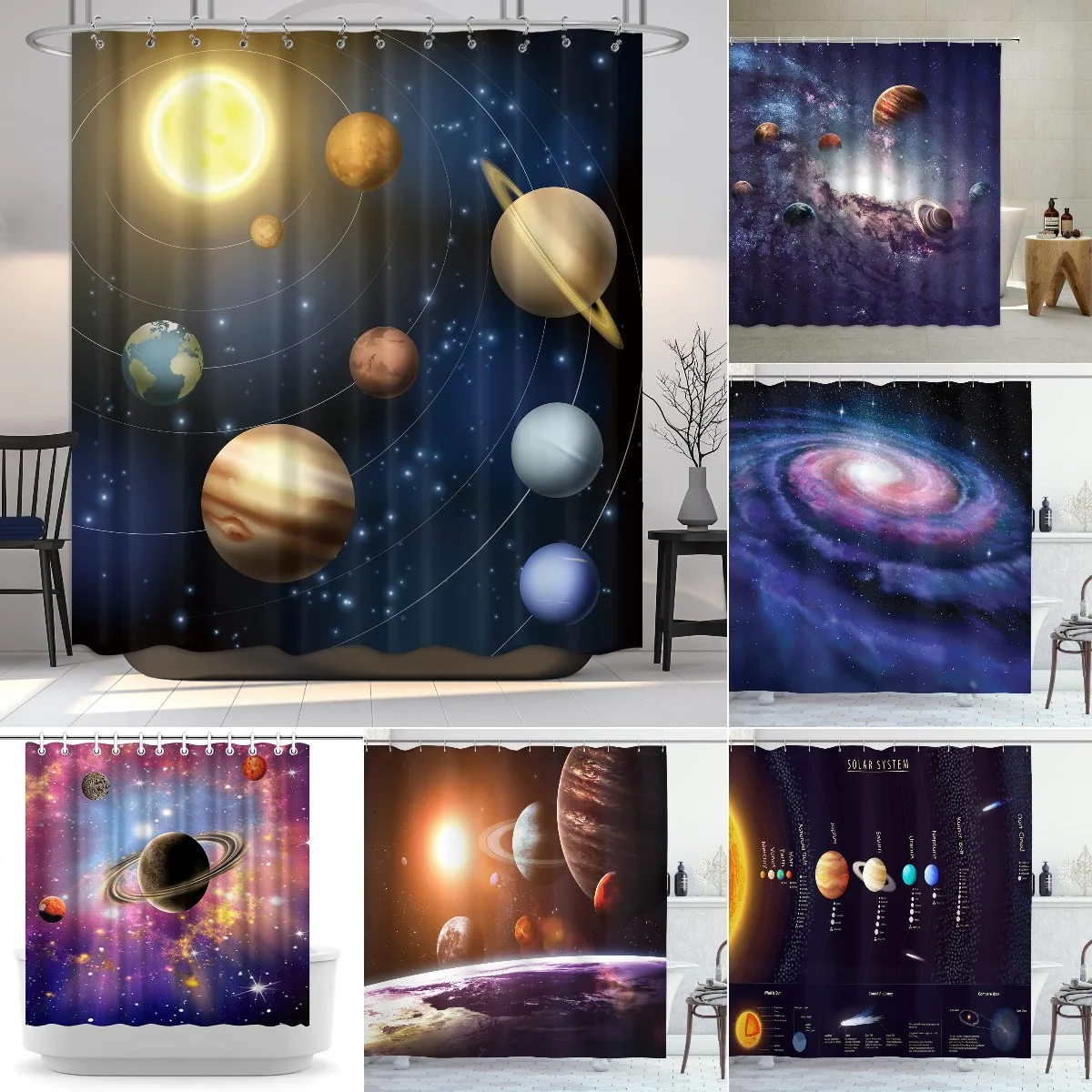 Planet Solar System Shower Curtain with Hooks Pack Universe Galaxy Space Educational Planetary Orbit Decor Fabric Bathroom Set