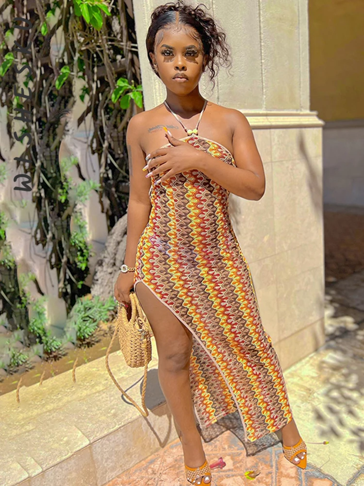 

Sexy Halter Print Backless Crochet Midi Dress Women Knitted Hollow Out Split Boho Vestidos 2022 Summer Beach Grunge Clothes