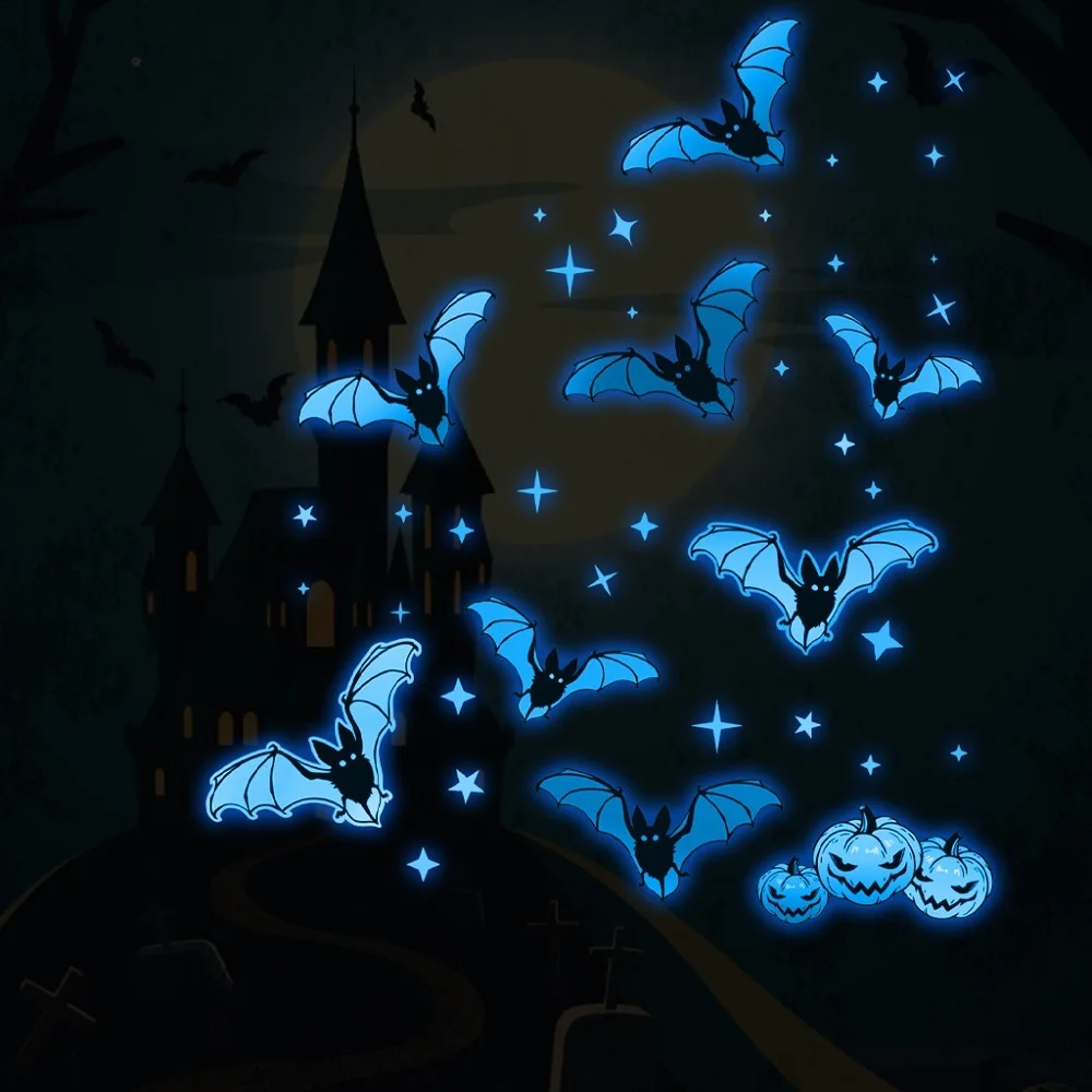 

Colorful Bat Luminous Wall Stickers Halloween Decorations for Home Kids Rooms Wall Decor Decals Glow in the Dark Pumpkin Sticker