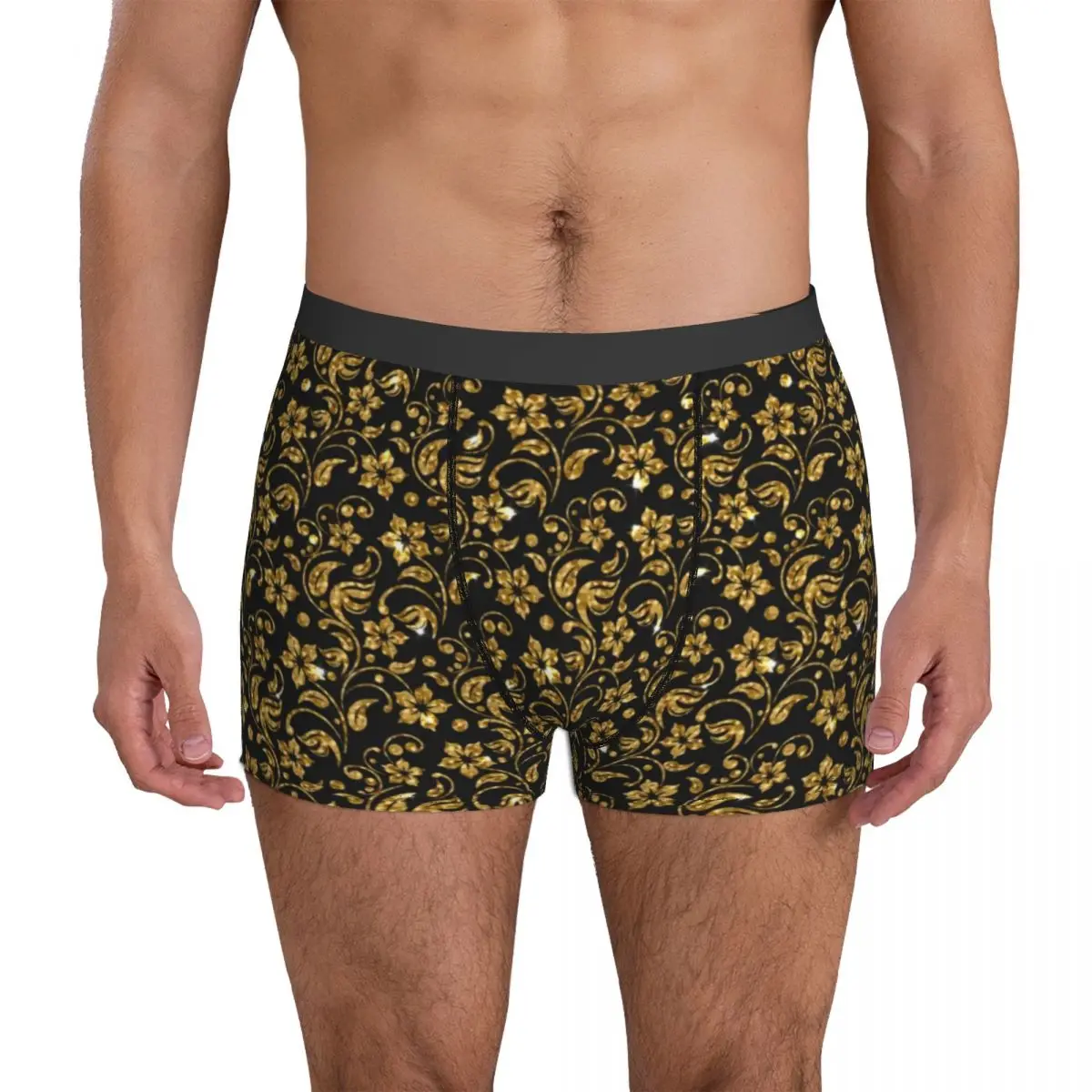 

Gold Baroque Floral Underwear Flowers Print Males Boxer Brief Classic Boxershorts Hot Print Plus Size Underpants