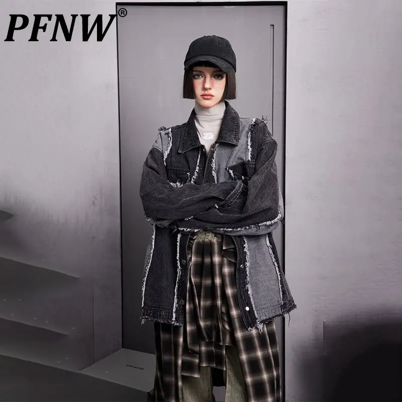 

PFNW Men's New Niche Design Splice Denim Jackets Spring Autumn Fashion Brand Personalized Casual Loose Collar Tide Coats 28G0751
