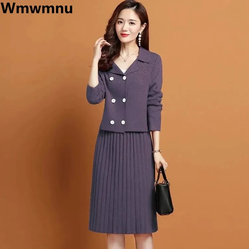 

Elegant Knitted Skirt 2 Piece Set Long Sleeve Short Tops + Knee-length Straight Faldas Conjuntos Fashion Sweater Skirts Ensemble