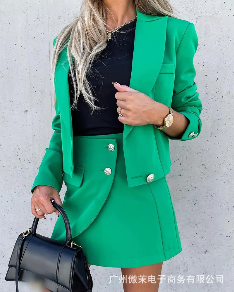 

Women's Skirts Set Spring 2022 New Short Suit Jacket Mini Skirt Suit Green Set Women 2 Piece