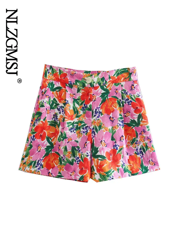 

Модные летние шорты Nlzgmsj Za 2022 с цветочным принтом, женские короткие брюки на молнии с высокой талией, летние шорты в стиле бохо для женщин