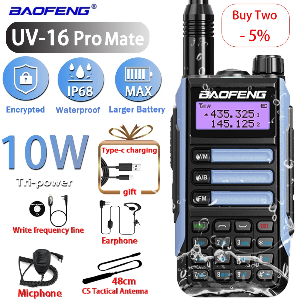 Baofeng Professiona UV16 Pro Mate WalkieTalkie 10W V2 version VHF UHF Dual Band Two Way CB Ham Portable Radio Transceiver UV-16